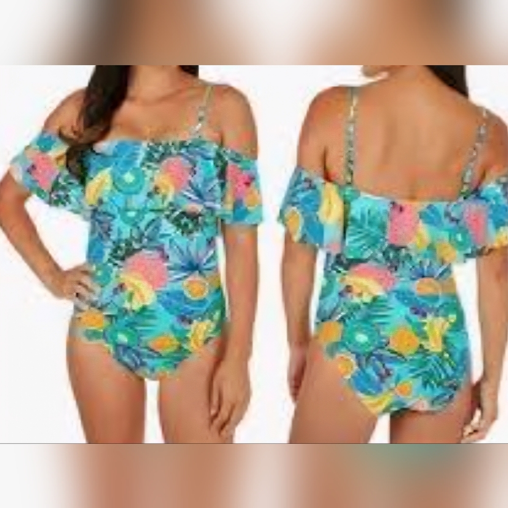 Caribbean Joe Tropical Print Swimsuit Size 10 New